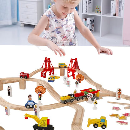 100 Pcs Wooden Train Track Set, Toys Train Railway Vehicles for 3-10 Years Old Kids Boys & Girls Christmas Toys, Fits with Thomas, Brio, IKEA, Melissa and Doug