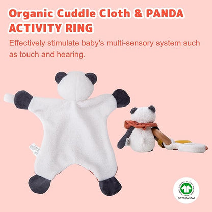 Organic Cotton Stuffed Animal Rattle Baby Toys, Organic Panda Cuddle Cloth & Organic Panda Activity Ring Plush Toy Set for Newborns Infant Boys Girls, 2 PCS