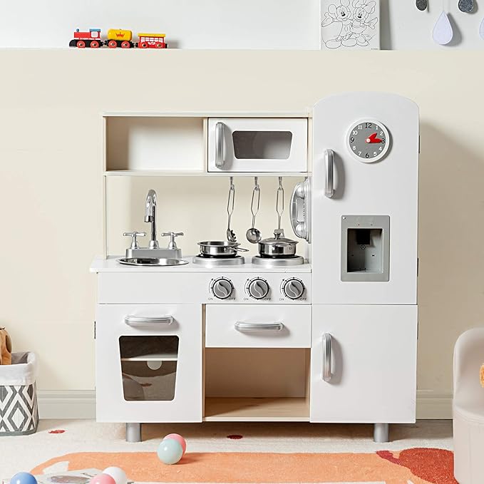 KOTEK Play Kitchen Set for Kids, Wooden Toddler Kitchen Playset with Water Dispenser w/Lights Sounds, Stove, Oven, Fridge, Microwave & Sink, Chef Pretend Play Toy Gift for Girls Boys Age 3+ (White)