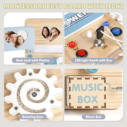 Joyreal Busy Board Montessori Toys with LED Lights, Autism Sensory Travel Toys, Fidget Board Ideal Gift for Boys Girls Wooden Toddler Toys