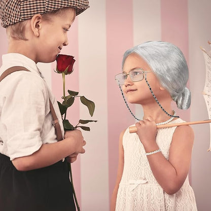 100 Days of School Costume, Old Lady Cosplay Silver Bun Wig Glasses Wig Cap Pearl Necklace Bracelet Accessories for Girls