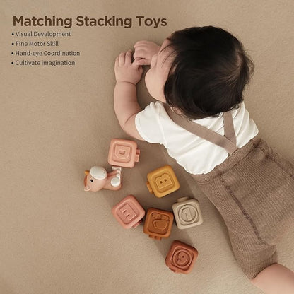 Nueplay 7 Pcs Soft Building Blocks, Sensory Stacking Squeeze Toys with Horse Figure, Newborn Essentials for 6 12 18 Months Baby Toddler Girls