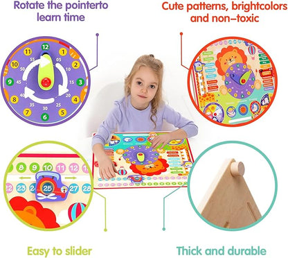 Montessori Toys for 4 Year Old,Wooden Calendar and Teaching Clock for Kids Learning Clock for Telling Time, Date, Days of The Months, Seasons and Weather-Educational Toys for Boys and Girls（7 in 1）