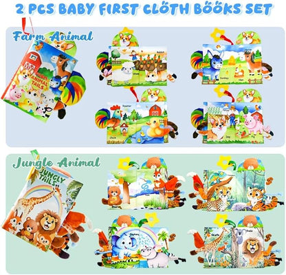 Kimicare 2 PCS Baby Books 0-6 Months, Crinkle Books for Babies, Jungle Tails Soft Cloth Book for Babies 6-12 Months, Infant Farms Sensory Book, Tummy Time Toys