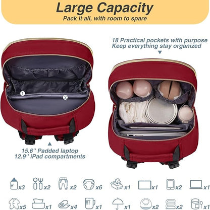 MOMUVO Diaper Backpack for Women Large Capacity with Insulated Pockets Diaper Bags For Baby,Burgundy