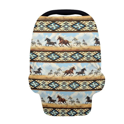 Binienty Car Seat Covers Canopy Cover for Babies, Western Aztec Horse Nursing Carseat Canopy Multifunction Breastfeeding Covers Fits Stroller, High Chair, Shopping Cart