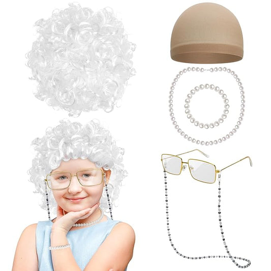 100 Days of School Costume, White Curly Wig Glasses Wig Cap Pearl Necklace Bracelet Accessories for Old Lady Costume