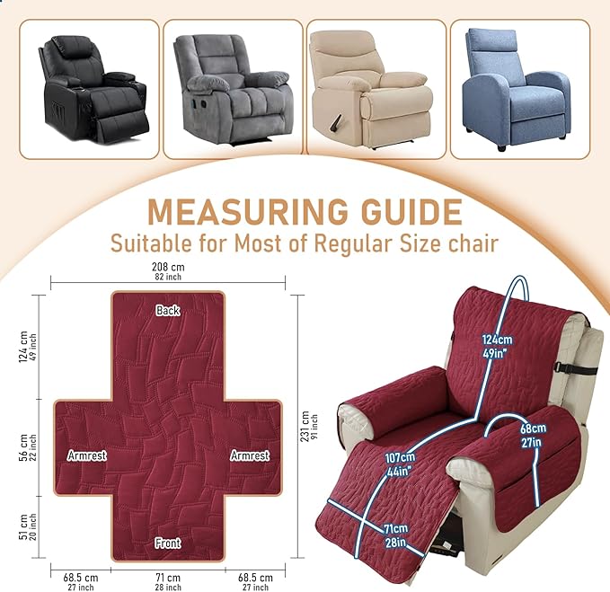 100% Waterproof Recliner Chair Covers for Reclining Chair, Small Recliner Covers That Stay in Place, Non-Slip Recliner Armchair Cover with Pockets for Kids, Pets, Dogs, Cat, Washable,Red,28IN