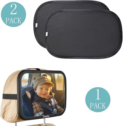 Funbliss Baby Car Mirror + 2-Pack Car Window Shades Bundle -100% Shatterproof, Wide Angle Convex