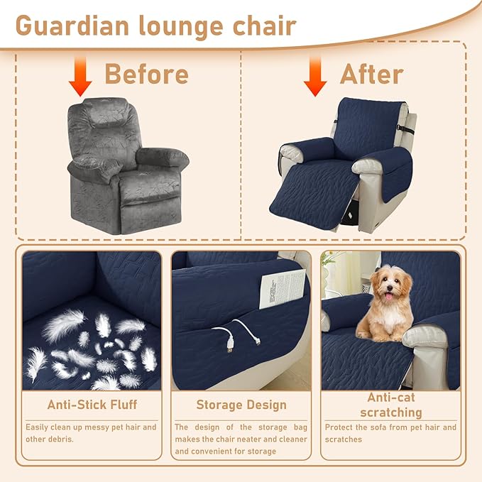 100% Waterproof Recliner Chair Covers for Reclining Chair, Large Recliner Covers That Stay in Place, Non-Slip Recliner Armchair Cover with Pockets for Kids, Pets, Dogs, Cat, Washable,Dark blue,28IN