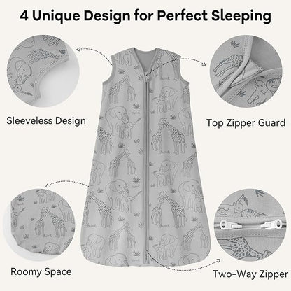 Baby Sleep Sack 12-18 Months 0.5 Tog Wearable Blanket Baby, 3 Pack 100% Cotton Lightweight Sleeping Sack with 2-Way Zipper for Infant Toddler Apricot Gray Green Elephant