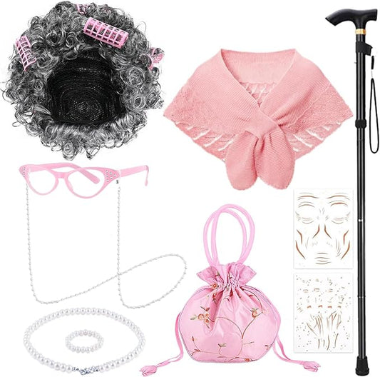 100 Days of School Old Lady Costume Include Wig,Glasses,Necklace,Bracelet,Glasses Chain,Bag,Cane,Shawl and Stickers ﻿