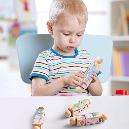 Promise Babe Wooden Animal Puzzle Toy for Toddlers 1-3, Rotating Spin Twist Blocks Set of 2, Learning Educational Montessori Toy Gifts for Kids Boys Girls, Fox and Tiger