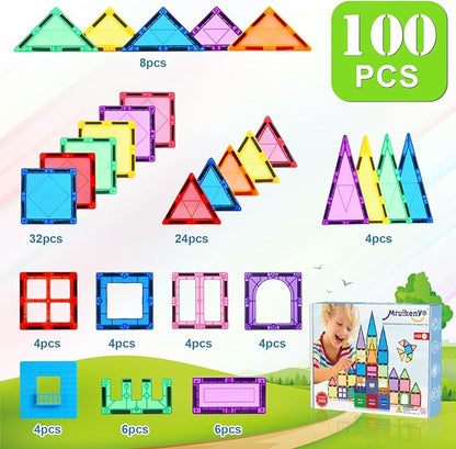 100PCS Magnetic Tiles Kids Toys - Magnetic Building Blocks STEM Magnet Building Set Preschool Learning Magnetic Toys for Kids Ages 3-5 4-8, Sensory Montessori Toys for 3+ Year Old Boys and Girls