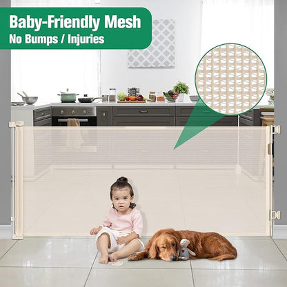 110 Inch Extra Wide Retractable Baby Gate for Large Openings Pet Gates for Dogs Indoor Retractable Baby Gates Outdoor Dog Gates for The House Extra Wide Baby Gate Large Dog Gate for Doorways, Beige