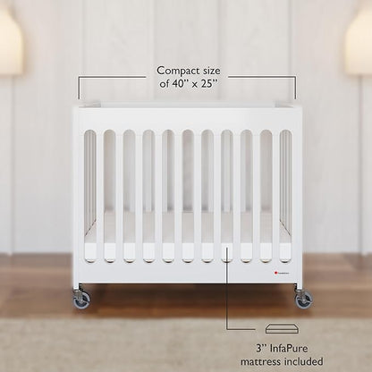 Foundations Boutique Folding Hotel Crib and Sheet Bundle - Includes Wooden Mini Crib with 3" Foam Mattress (White) and 6-Pack White Fitted Compact Sheets
