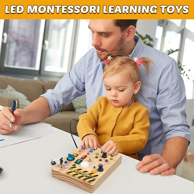 Joyreal Montessori Toddler Busy Board, 19 Led Wooden Sensory Board Educational Toys, Montessori Toys for 1-6 Year Old, Travel Toys Gifts for Toddlers Boys and Girls
