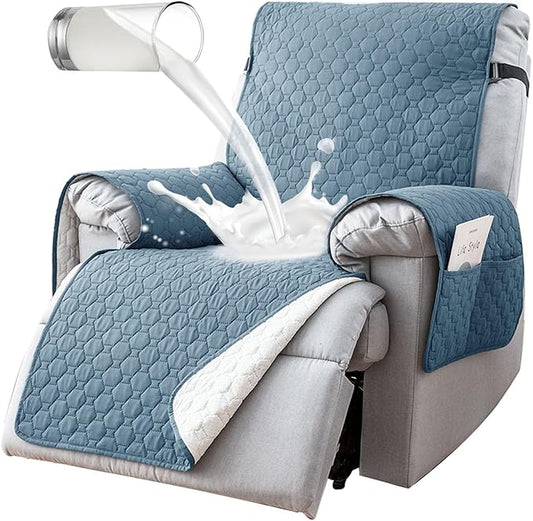 100% Waterproof Recliner Chair Covers, Anti-Slip Recliner Cover, Washable Recliner Slipcover with Pocket, Elastic Straps for Pets, Dogs, Gray Blue