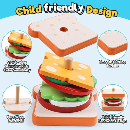 kizh Wooden Sandwich Sorting Stacking Toys Play Food Set for Toddlers Preschool Educational Montessori Toys Fine Motor Toys for Kids Boys Girls