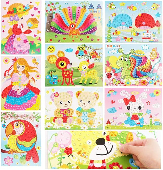 10 Pcs Kids Arts and Crafts Kits-Crystal Mosaic Sticker Painting Learning Education Toys for Toddler Kids, Early Learning Games Handmade Art Kit for Preschool Toddlers Boys Girls.