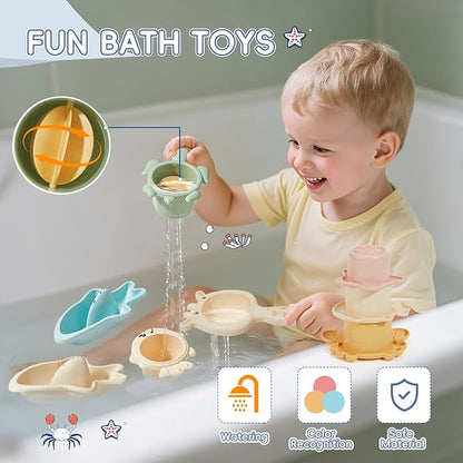 Bath Toys, 21PCS | Montessori Toys for Babies with Shapes for Sorting Play & Stacking Cups | Bath Boats & Spoon with Storage Container | Educational & Mold Free Bathtub Water Toys for Toddler Gifts