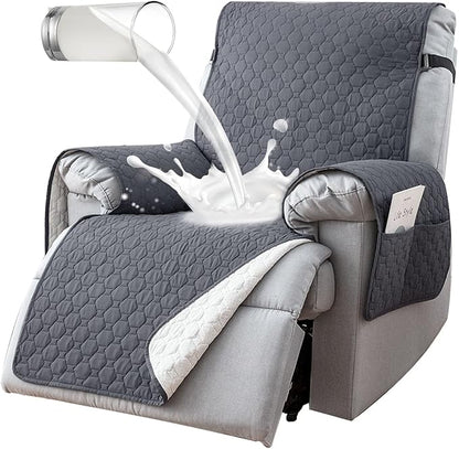 100% Waterproof Recliner Covers for Small Recliners, Anti-Slip Recliner Chair Covers with 5 Pockets, Elastic Straps, Washable Recliner Protector for Kids, Pets, Dogs, Grey