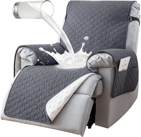 100% Waterproof Recliner Covers for Small Recliners, Anti-Slip Recliner Chair Covers with 5 Pockets, Elastic Straps, Washable Recliner Protector for Kids, Pets, Dogs, Grey