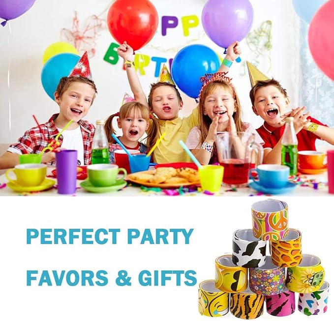 100 Pack Slap Bracelets | Slap Bands Birthday Party Supplies Favors with Hearts & Animal Print | One Size Fits All | For Kids, Boys, And Girls