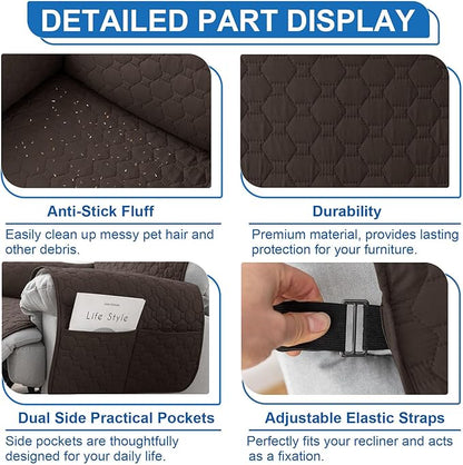 100% Waterproof Recliner Covers for Small recliners, Anti-Slip Recliner Chair Covers with 5 Pockets, Elastic Straps, Washable Recliner Protector for Kids, Pets, Dogs, Brown