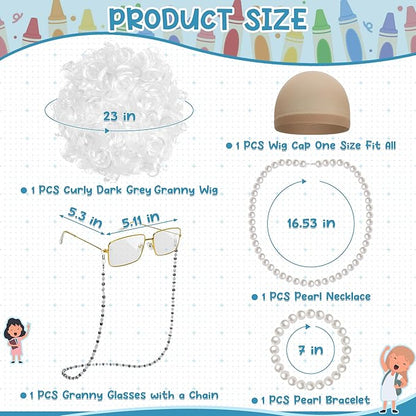 100 Days of School Costume, White Curly Wig Glasses Wig Cap Pearl Necklace Bracelet Accessories for Old Lady Costume