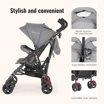 Dream On Me Volgo Twin Umbrella Stroller in Purple, Lightweight Double Stroller for Infant & Toddler, Compact Easy Fold, Large Storage Basket, Large and Adjustable Canopy