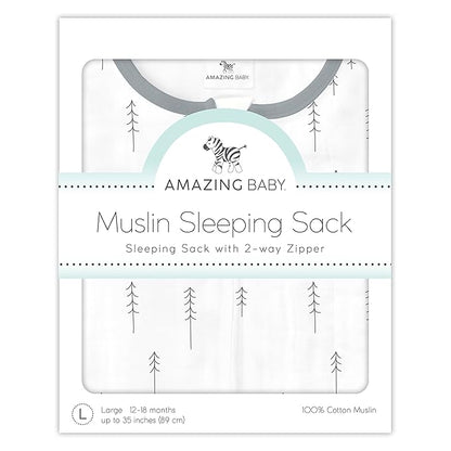 Amazing Baby Cotton Muslin Sleeping Sack, For Baby Boy or Girl, Wearable Blanket with 2-way Zipper, Trees, Sterling, Small (0-6 Month)