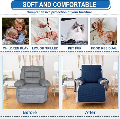 100% Waterproof Recliner Chair Covers That Stay in Place, Non-Slip Recliner Cover with 5 Pockets, Elastic Straps, Washable Reclining Chair Protector for Kids, Pets, Dogs, Dark Blue