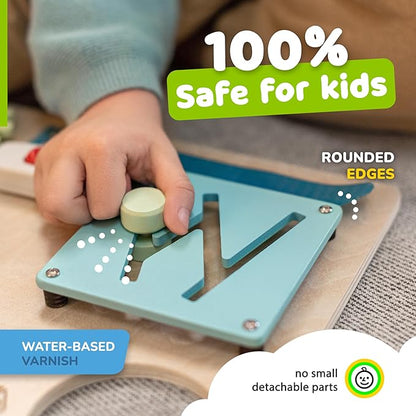 Montessori Busy Board for Toddlers, Wooden Sensory Toddler Busy Board with 10 Preschool Learning Activities for Fine Motor Skills, Activity Kids Travel Toy for Boys & Girls, Packaging May Vary