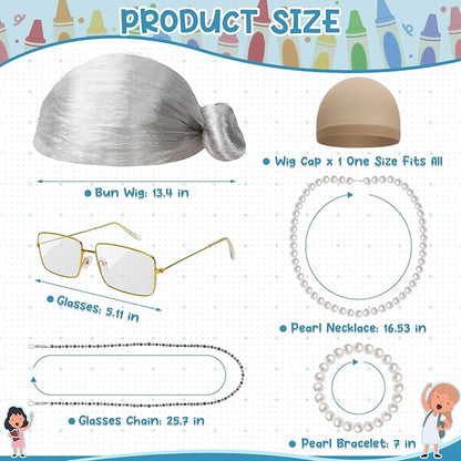 100 Days of School Costume, Old Lady Cosplay Silver Bun Wig Glasses Wig Cap Pearl Necklace Bracelet Accessories for Girls