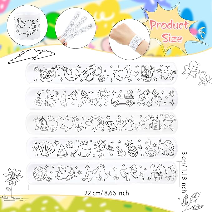 100 Pcs Coloring Cartoon Slap Bracelets Bulk White Slap Bands 8.7 x 1.2 Inch DIY Slap Bracelet for Kids Birthday Party Favors DIY Craft Classroom Craft Projects Prizes, 5 Styles