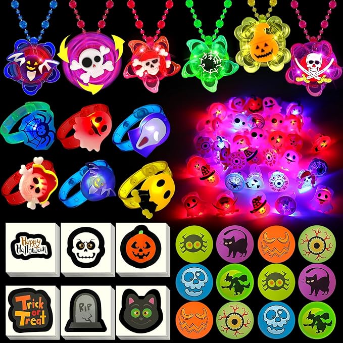 100 PCS Halloween Party Favors for Kids, Halloween Glow in the Dark Toys Decorations Rotating Spin Light Up Necklaces Rings Bracelets Balls, Halloween Trick or Treats Goodie Bag Fillers Party Supplies