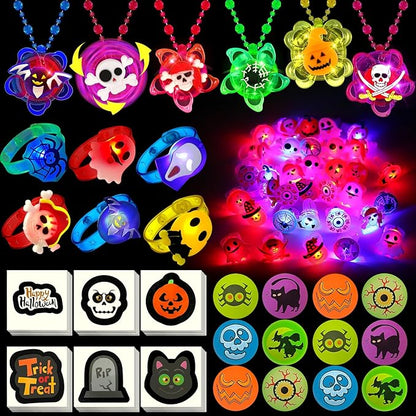 100 PCS Halloween Party Favors for Kids, Halloween Glow in the Dark Toys Decorations Rotating Spin Light Up Necklaces Rings Bracelets Balls, Halloween Trick or Treats Goodie Bag Fillers Party Supplies