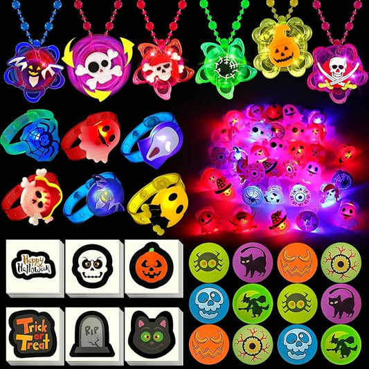 100 PCS Halloween Party Favors for Kids, Halloween Glow in the Dark Toys Decorations Rotating Spin Light Up Necklaces Rings Bracelets Balls, Halloween Trick or Treats Goodie Bag Fillers Party Supplies