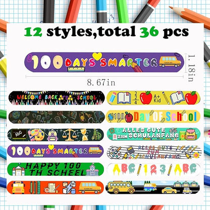100 Days of School Slap Bracelets, 36 Pcs Slap Bracelets for Kids 100th Day of School Party Favors Decorations Snap Bracelets Wristbands Supplies for Kids Gifts Classroom School Favors