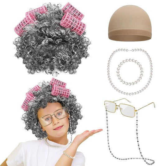 100 Days of School Costume, Old Lady Black White Curly Wig Glasses Wig Cap Necklace Bracelet Hair Rollers Cosplay Kit for Kid