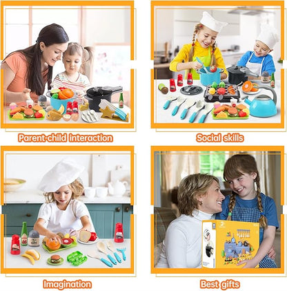 105Pcs Kids Kitchen Toy Accessories, Toddler Pretend BBQ Camping Cooking Playset, Play Pots, Pans, Utensils Cookware Toys, Play Food Set, Vegetables, Learning Gift for Girls Boys (Turquoise)