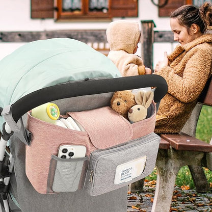 Accmor Universal Stroller Organizer with Insulated Cup Holder, Stroller Caddy Bag Accessories, Stroller Cup Holder Organizer for Uppababy Baby Jogger Britax Stroller, Pink
