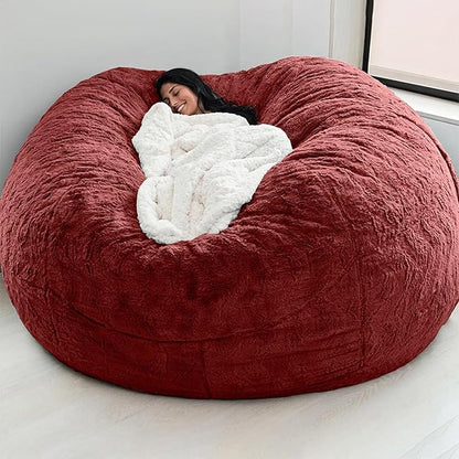 (Cover only, No Filler) Giant Fur Bean Bag Chair Cover for Kids Adults, Living Room Furniture Big Round Soft Fluffy Faux Fur Beanbag Lazy Sofa Bed Cover (Wine Red, 6FT)