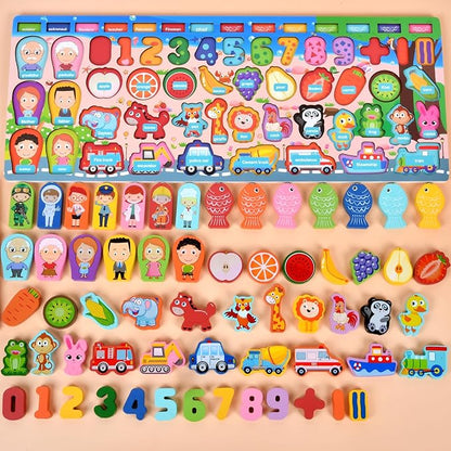 Wooden alphanumeric Shapes Jigsaw Ring Count Classification Toys Math Shapes Building Blocks Toddler Learning Playboard Math Fishing Educational Toys Montessori Educational Toys (color2)