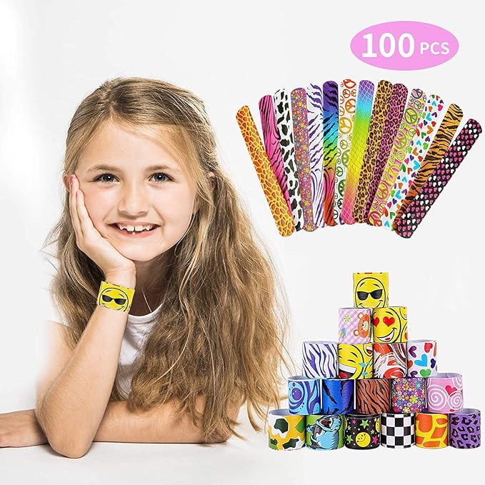 100 Pack Slap Bracelets | Slap Bands Birthday Party Supplies Favors with Hearts & Animal Print | One Size Fits All | For Kids, Boys, And Girls
