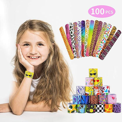 100 Pack Slap Bracelets | Slap Bands Birthday Party Supplies Favors with Hearts & Animal Print | One Size Fits All | For Kids, Boys, And Girls