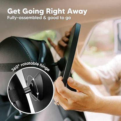 Large Shatterproof Baby Car Mirror, Backseat - Safety Car Seat Mirror for Baby Rear Facing, 360 Wide Crystal Clear View, Accessories for Removable Headrest, Easy Install & Adjustable (Sleek Black)