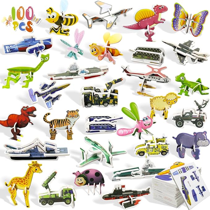 100 Pack Educational 3D Cartoon Puzzle for Kids Toys Themed 3D Jigsaw Puzzles DIY Kits Toys Art Crafts for Ages 4-10 Boys and Girls Birthday Present