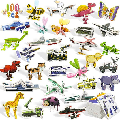 100 Pack Educational 3D Cartoon Puzzle for Kids Toys Themed 3D Jigsaw Puzzles DIY Kits Toys Art Crafts for Ages 4-10 Boys and Girls Birthday Present
